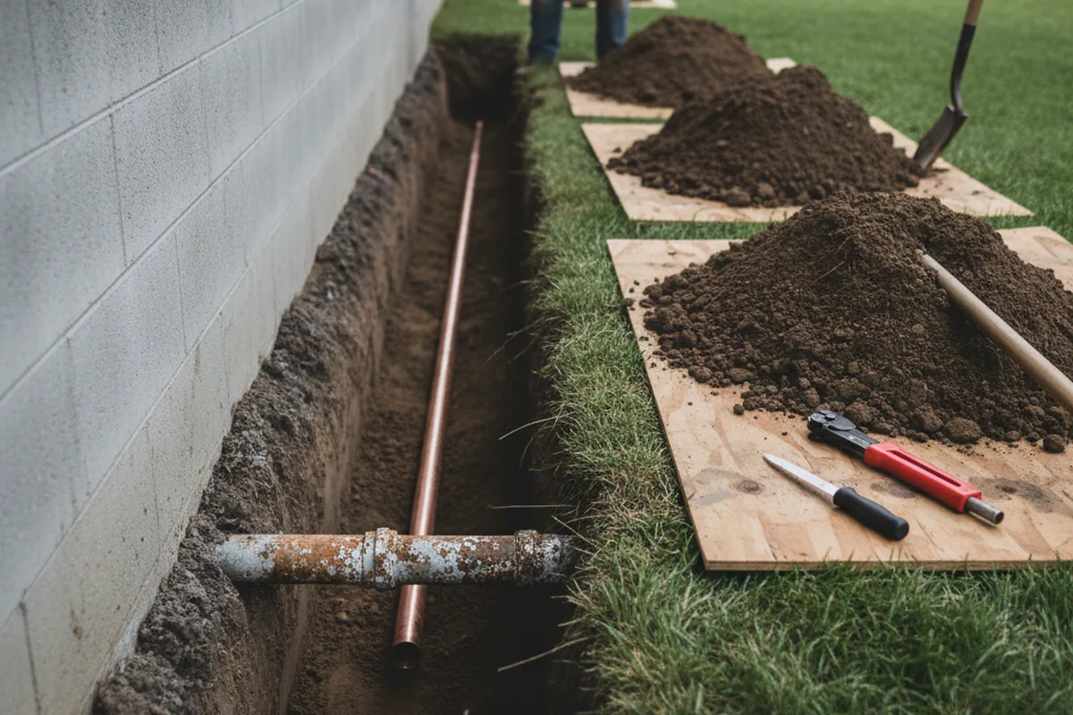 Excavated water line trench during Water Softener Installation in Nutley